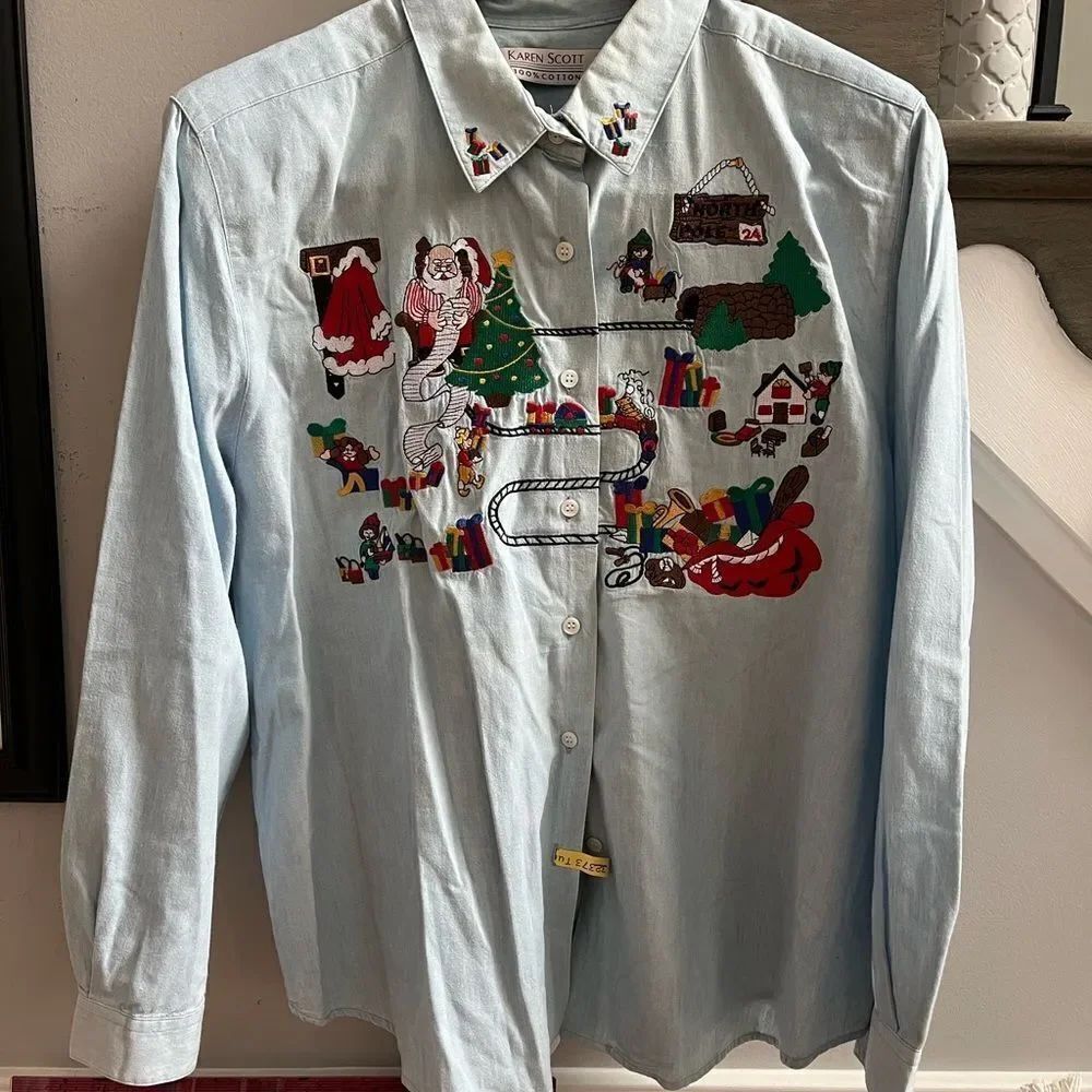 Vintage Karen Scott Santa Train Embroidered Chambray Button Down Shirt sz XL
